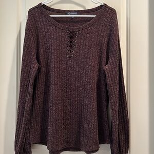 Democracy rib knit stretchy sweater top crisscross velvet laces size XL plum